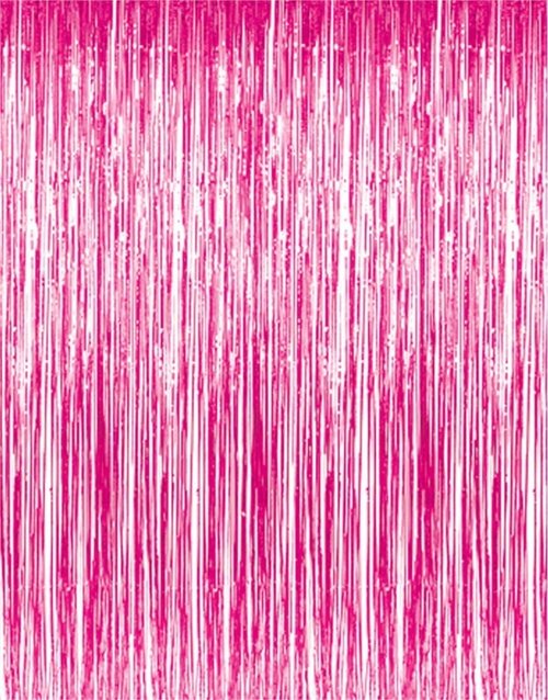 GOER Metallic Tinsel Foil Fringe Curtains - 3.2 ft x 8.2 ft Hot Pink Party Backdrop for Celebrations