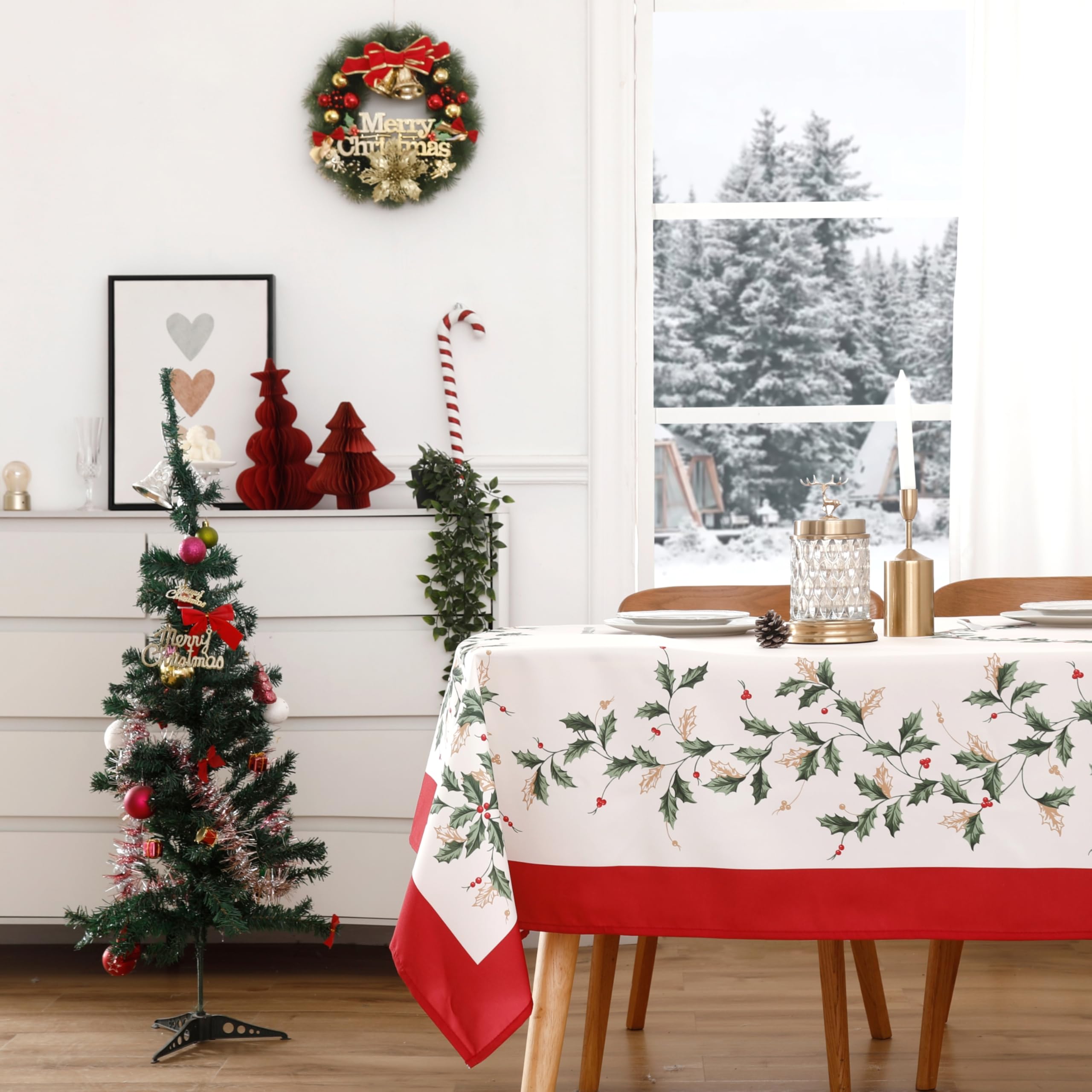Wewoch Christmas Tablecloth 60"x104" Water Resistant Polyester Table Cloth with Leaf Print Ideal for Indoor Dining Holiday Décor
