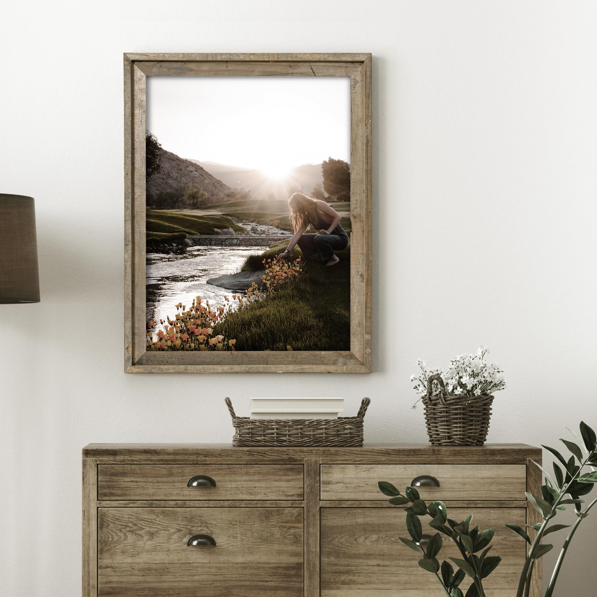 Rustic 24x36 Poster Frame, Reclaimed Barnwood Picture Frame with HD Tempered Glass, Distressed Family Art Gallery Corner, Horizontal and Vertical Wall Mounting Display with Hardware, Set of 1