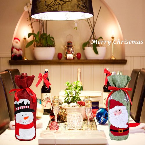 Heeshin 4pcs Christmas Wine Bottle Bags Burlap Wine Bottle Gift Bags with Drawstring, Reusable Santa Claus, Snowman & Reindeer Drawstring Covers for Xmas New Year Party Table Decoration