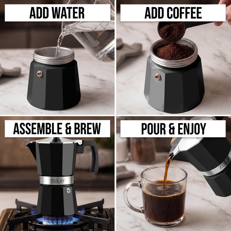 Zulay Moka Pot Espresso Stovetop Coffee Maker - Leak-Proof, Stainless Steel, Easy to Clean, Heat Resistant Handle & Knob - for Authentic Cuban & Italian Style Espresso - Makes 6 Espresso Cups - Black