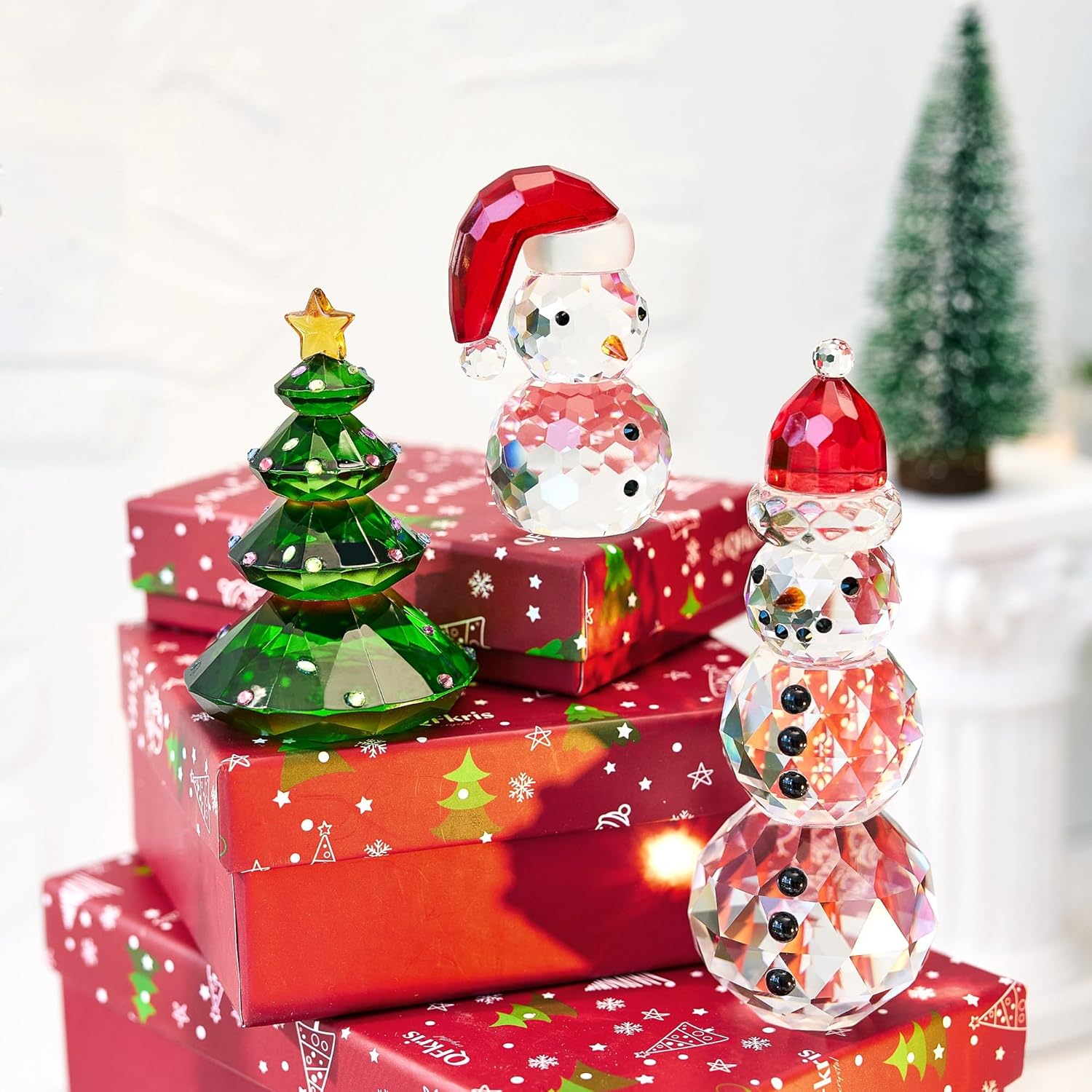QFkris Crystal Snowman & Tree Figurines Set - Elegant Glass Christmas Decor | Small Size
