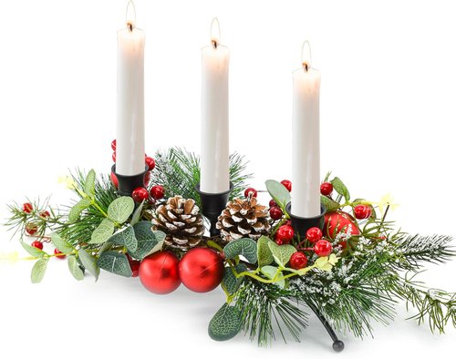 MrMrKura Christmas Tabletop Centerpiece - 3 Candle Holders with Pine Cones & Red Berries for Festive Dining Room Decor