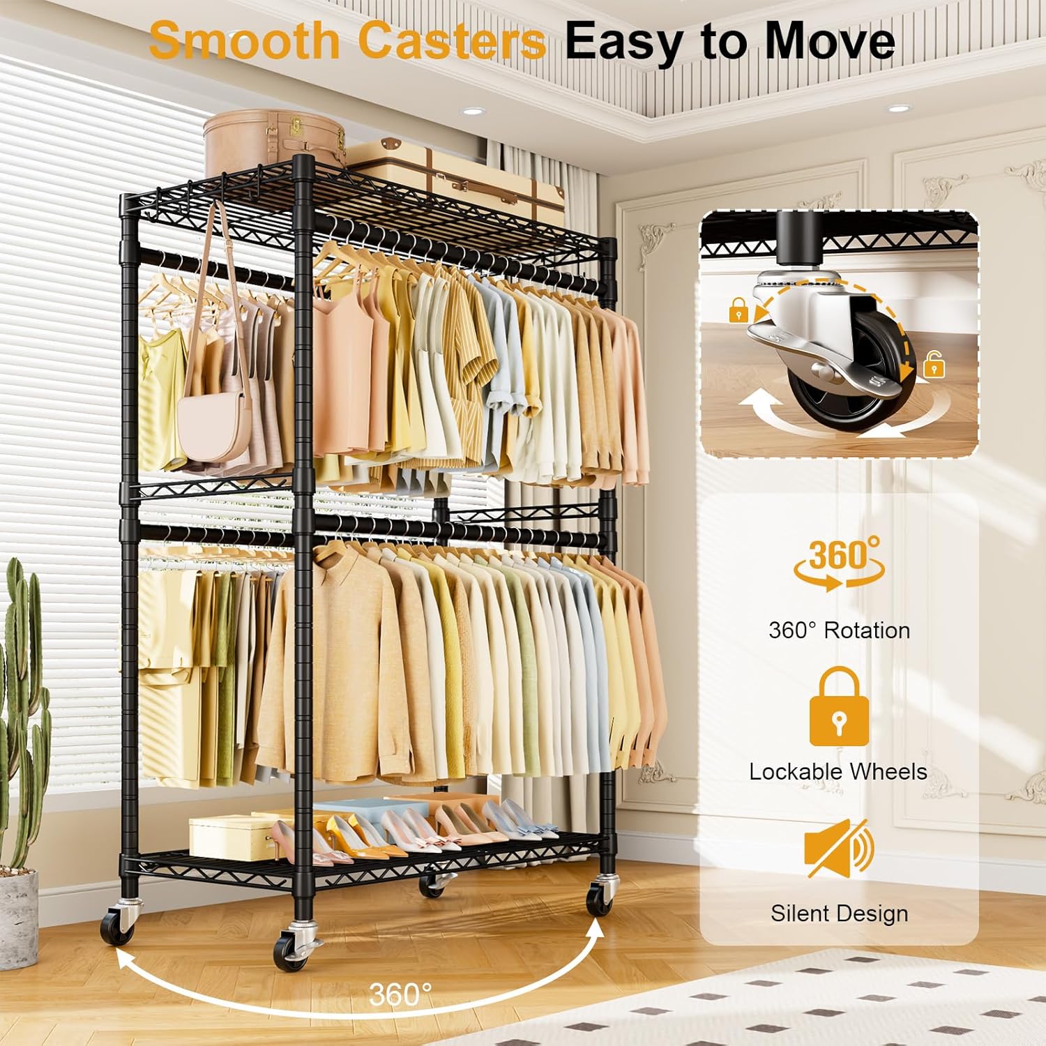 ULIFHOME Heavy Duty Rolling Clothes Rack - Portable Garment Rack with Wheels | 45''W x 20.5''D x 80.5''H, Max Load 570 Lbs, Black