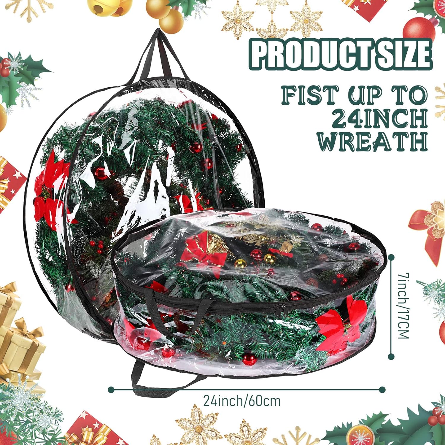 Shappy 24-Inch Clear Christmas Wreath Storage Bag - Durable Plastic with Dual Zippers & Reinforced Handles