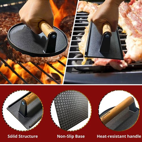 Gamalou® Smashed Burger Press BBQ Kit: 7" Round & 8.2x4.3 Rectangle Cast Iron Bacon Press, 3 in 1 Patty Maker, Spatula 6x5”, Burger Press Griddle Set for Blackstone, Traeger, Grills, Fry Pan