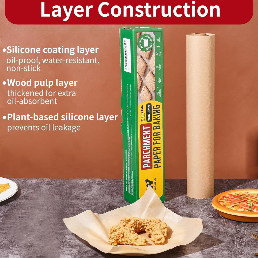 Unbleached Parchment Paper Roll - 15" x 210' Non-Stick Baking Paper | Heat Resistant & Food Grade Brown for Cooking and Grilling