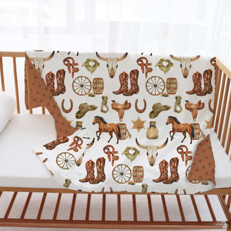 Western Cowboy Baby Blanket for Boys, Horse Theme Toddler Soft Minky Blanket with Double Layer Dotted Backing, Nursery Newborn Baby Crib Receiving My First Rodeo, 30"x40"