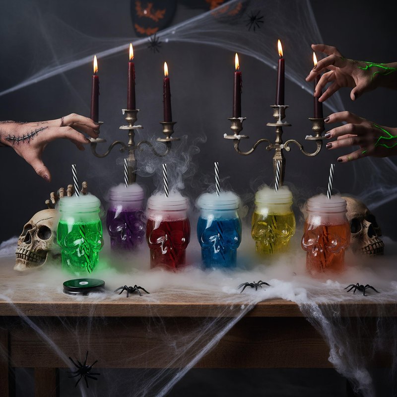 TOPZEA 6 Pack Mason Jars Mugs, 16 oz Glass Skull Mason Drinking Mugs Tumbler Cup with Straws Old Fashioned Jar Drinking Glasses Heavy Base for Beverage, Brandy, Liquor, Jello