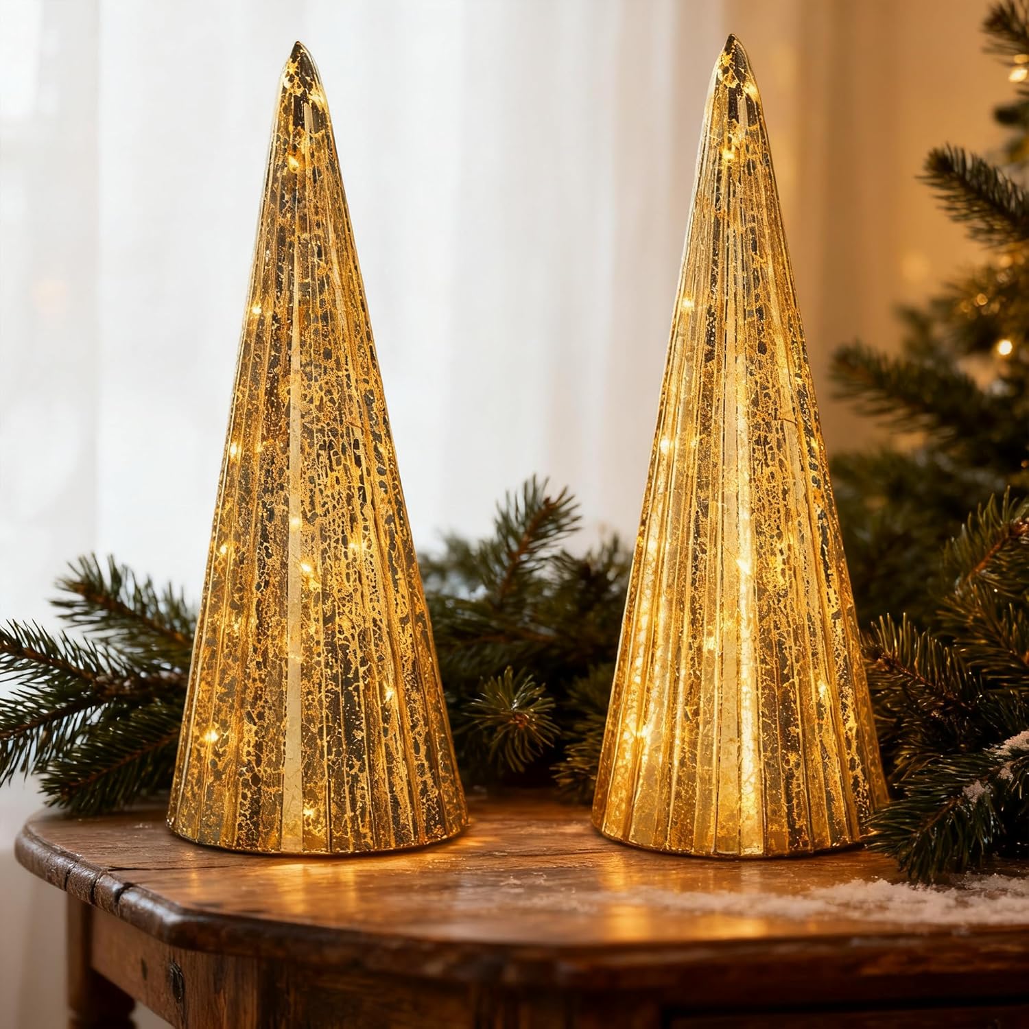 Regine Switzerland Set of 2 Mercury Glass Christmas Tree Figurines - LED Indoor Table Centerpiece Decorations