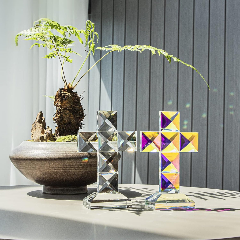 QFkris Crystal Standing Cross - 5'' Tall Clear Glass Tabletop Figurine | Christian Decor Gift