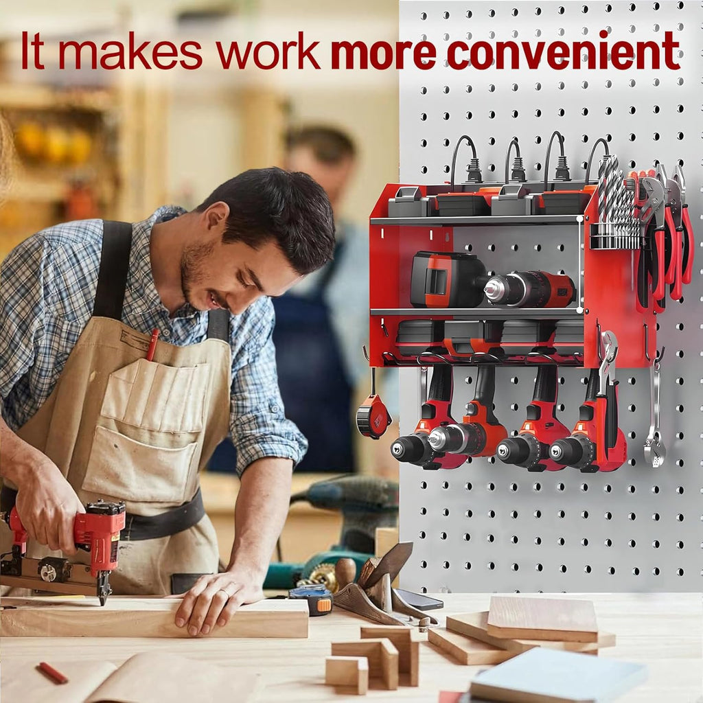 Power Tool Organizer - Heavy Duty Wall Mount Storage Rack with Charging Station & 4 Drill Holders | Ideal for Garage & Workshop