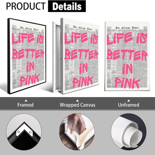 Life Is Better In Pink Canvas Poster - Retro Newspaper Design | Positive Affirming Quote 12x16in Unframed