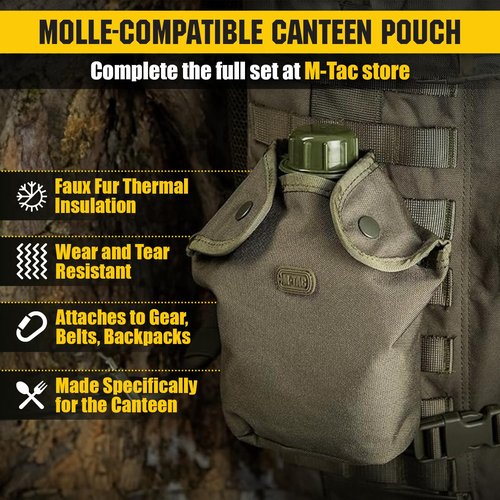 M-Tac Canteen Water Bottle - 1 Quart Water Canteen (34 Oz/1L) - Tactical Water Bottle for Military Hiking Camping Survival (Olive)