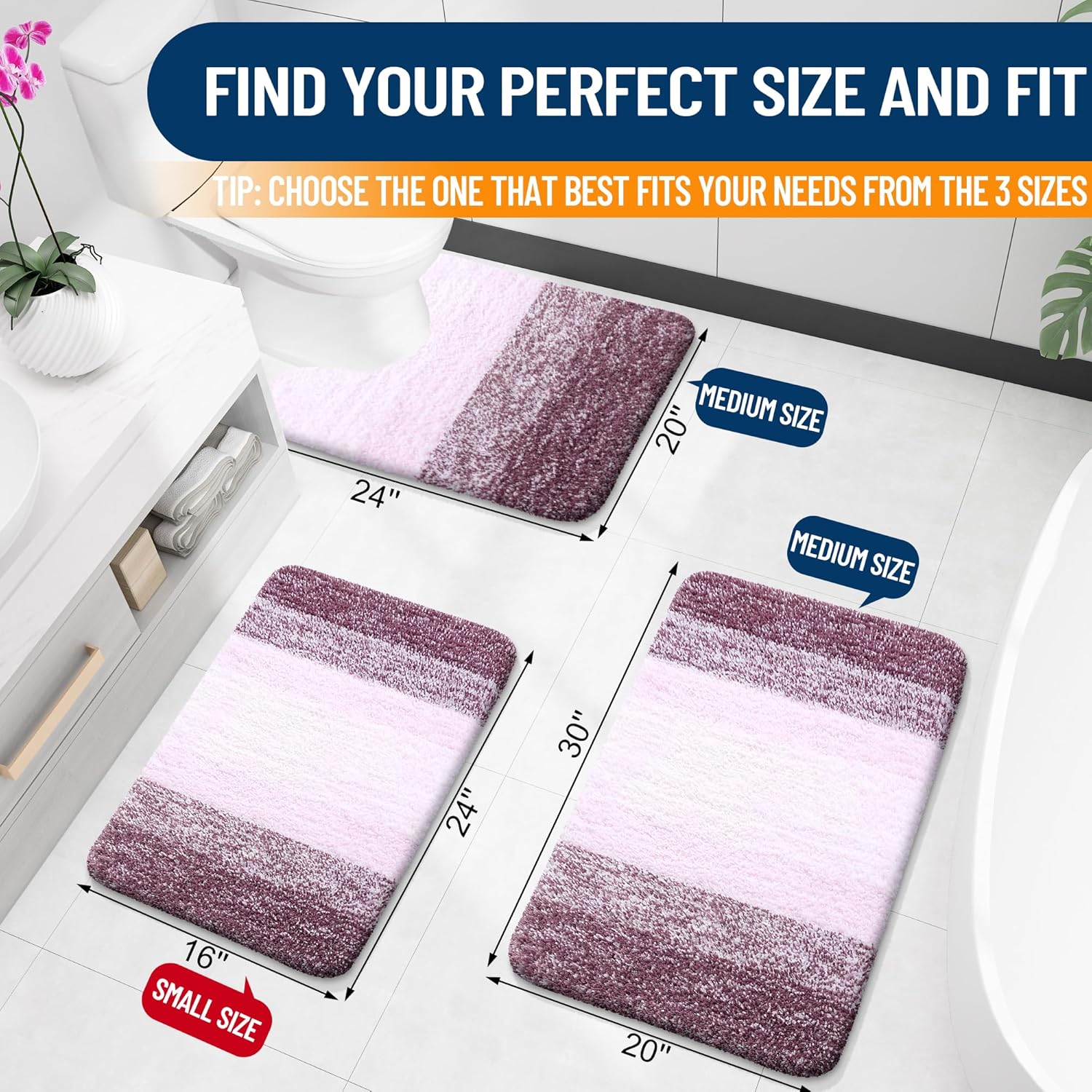 OLANLY Luxury U-Shaped Toilet Rugs - Extra Soft, Absorbent Microfiber Bath Mat, 24x20, Mauve