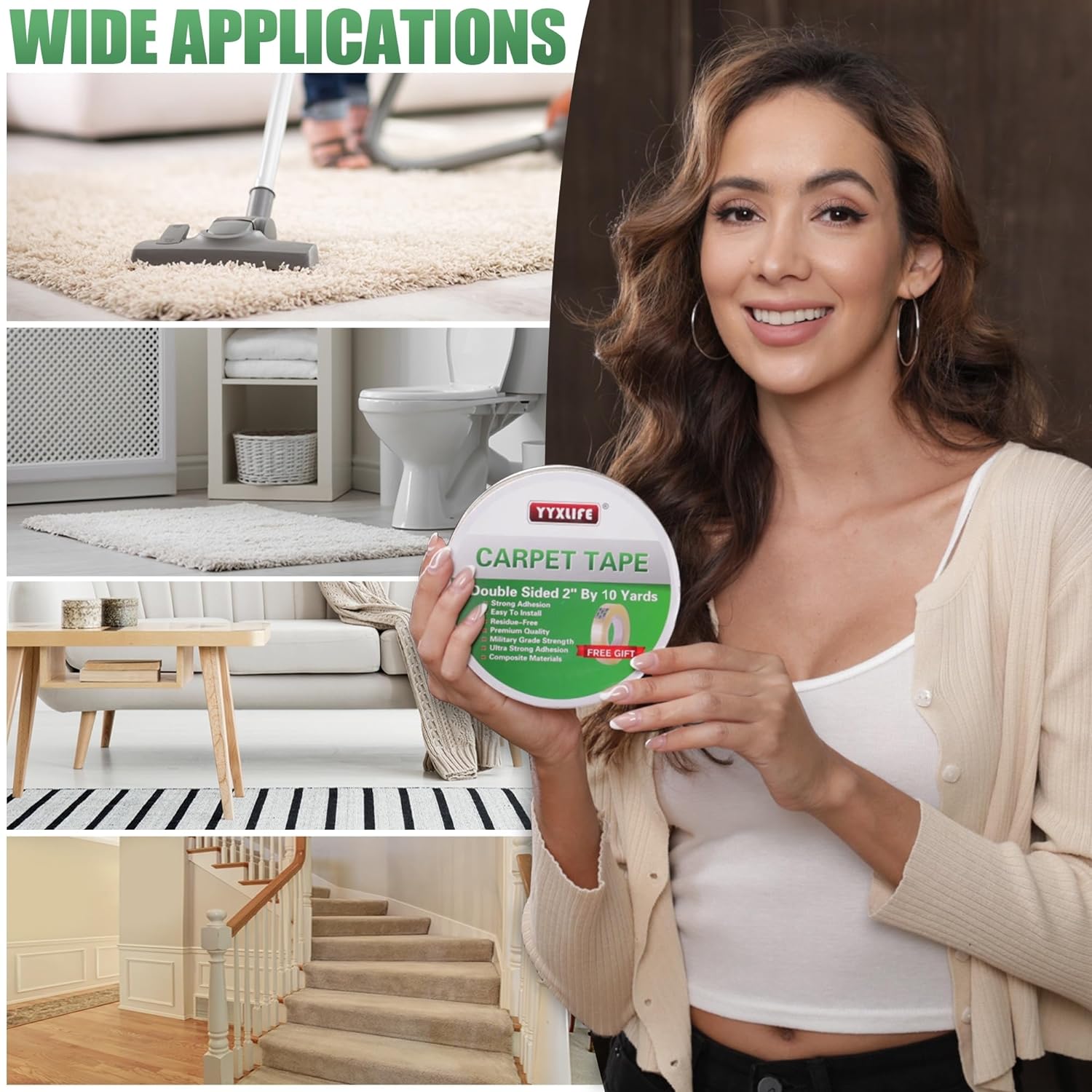 YYXLIFE Double-Sided Rug Tape - Strong Adhesive for Hardwood Floors | Non-Slip, No Residue, 2" x 10 Yards, White