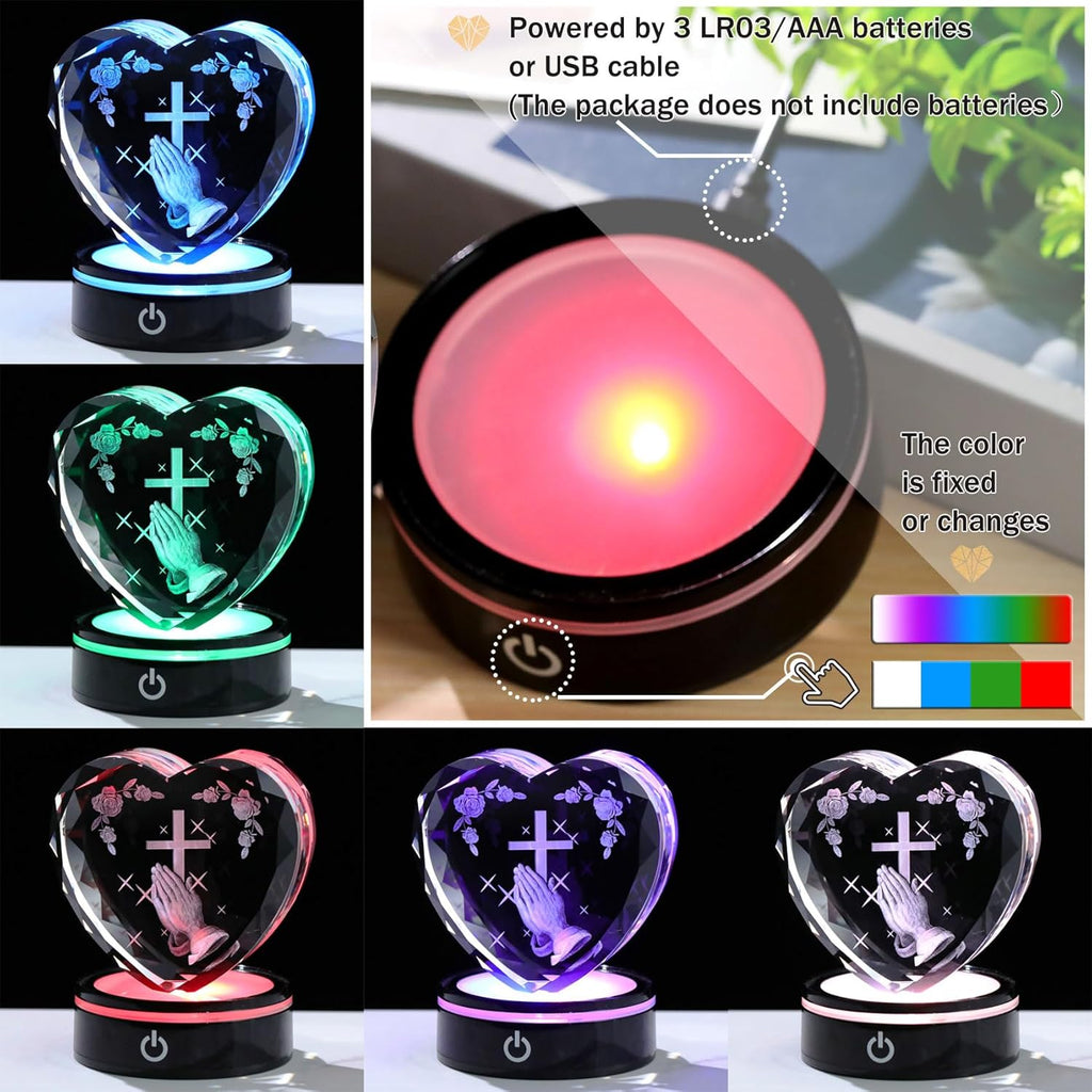 Ornalrist Crystal Heart 3D Praying Hands | Colorful LED Base Night Light Gift for Christians