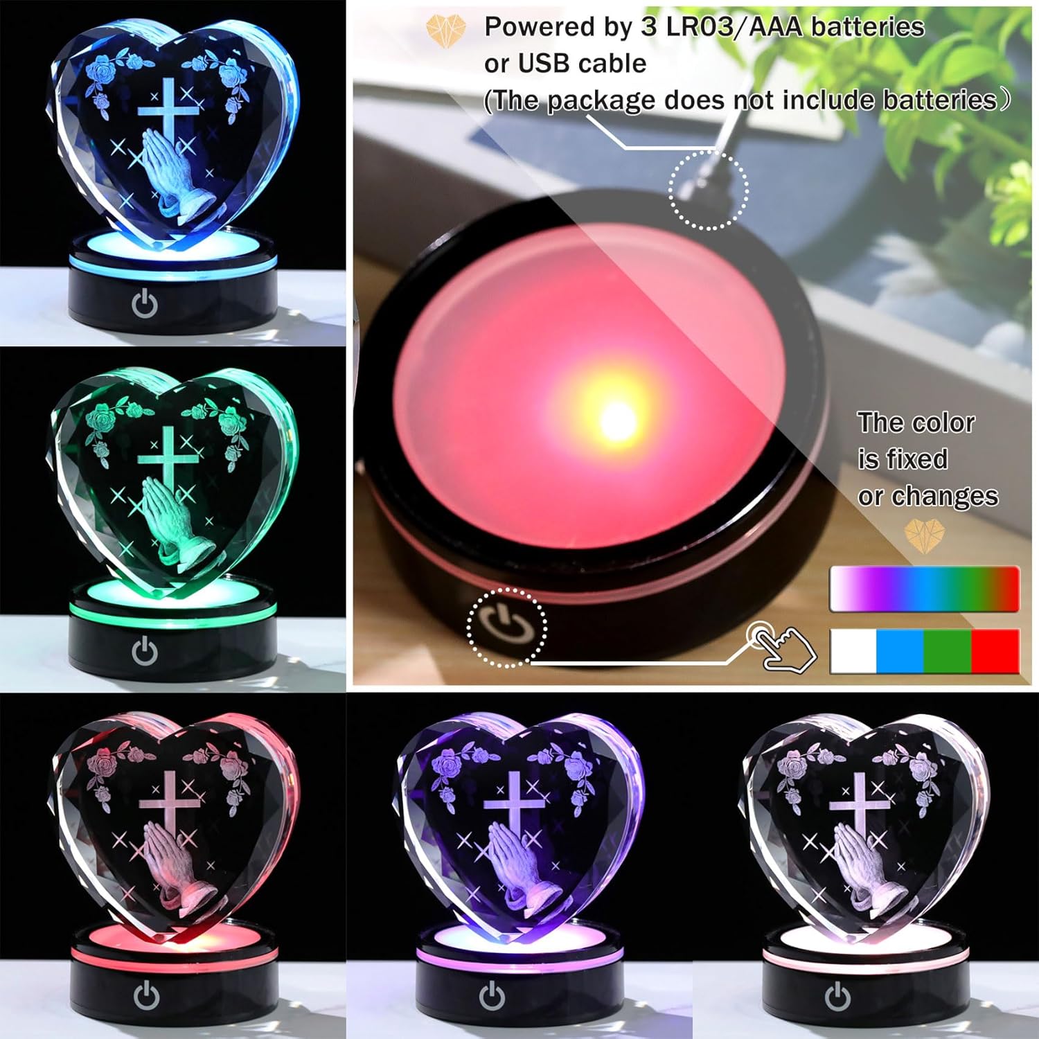 Ornalrist Crystal Heart 3D Praying Hands | Colorful LED Base Night Light Gift for Christians
