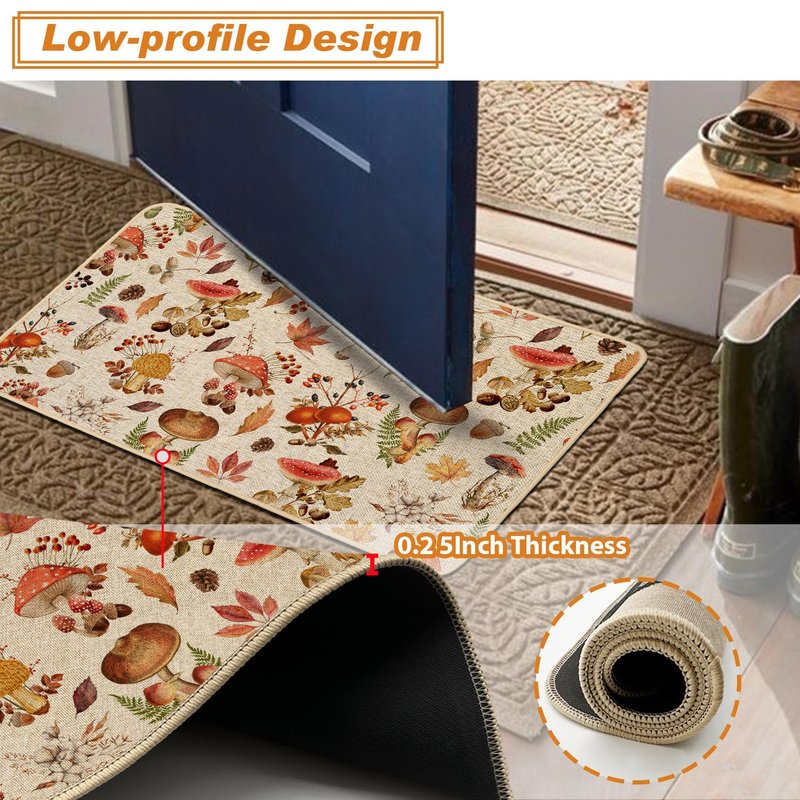 Baccessor Mushroom Fall Kitchen Mats Set of 2, Autumn Kitchen Rugs for Floor Low-Profile Farmhouse Fall Thanksgiving Home Decor 17x29 and 17x47 Inch