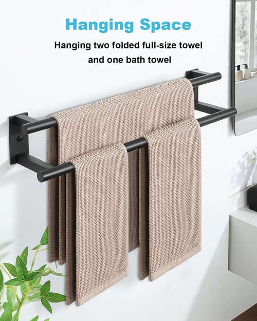 Alise Bathroom Double Towel Bar, 24 Inch Wall Mount Towel Holder, Towel Racks for Bathroom, SUS304 Stainless Steel Towel Hanger, Thickened Pipe with Strong Load-Bearing Capacity, Matte Black
