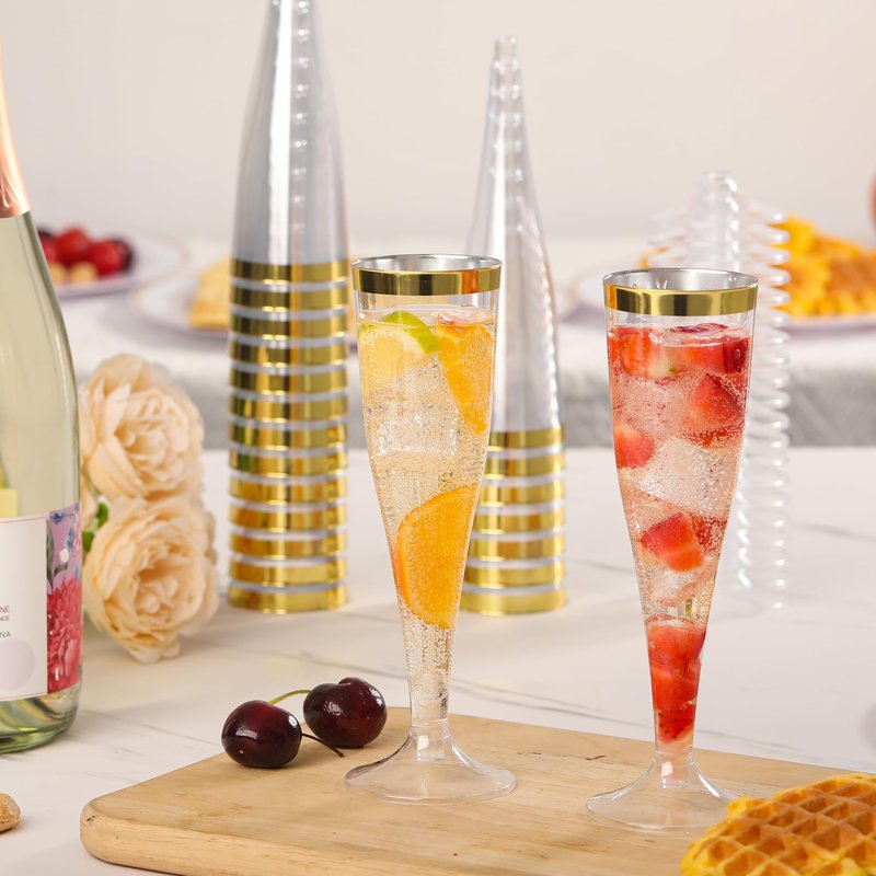 YOUTHSHIP 50 Pack Plastic Champagne Flutes 4.5 Oz Disposable Plastic Champagne Cups Gold Rimmed Cocktail Glasses For Weddings Birthdays Christmas Party Mimosa Glasses Acrylic Wine Cups Shatterproof