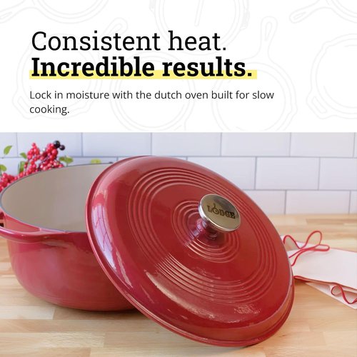 Lodge Enamel Cast Iron Dutch Oven - Ideal for Baking, Braising & Slow Cooking - 6 Quart - Cranberry