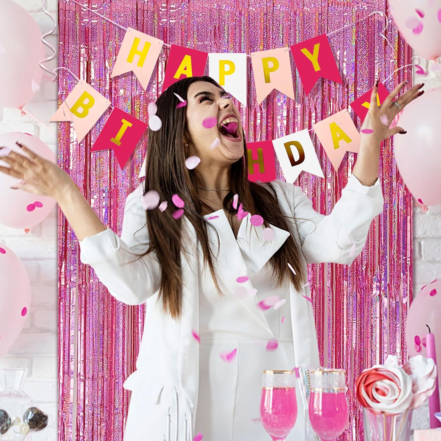 Skiennix Pink Tinsel Foil Fringe Curtains - Sparkly Backdrop for Valentine's, Bachelorette & Birthday Parties