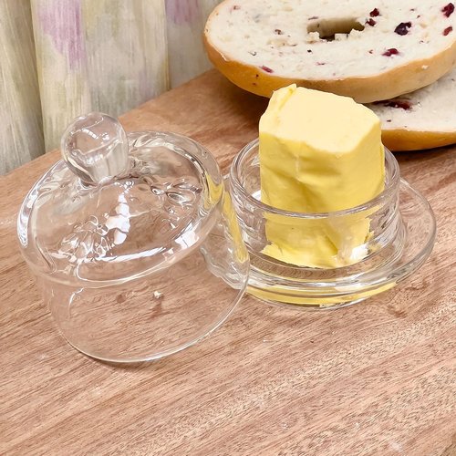 2 Pack Clear Glass Butter Dish with Lid for Countertop, 3.4" Small Round Glass Butter Dish with Cover for Refrigerator, Cute Crystal Butter Holder Tray