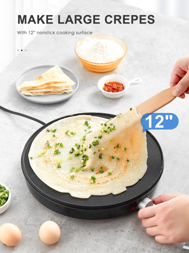 Crepe Maker Machine, Reemix Compact Pancake Griddle Precise Temperature Control, Nonstick 12” Electric Griddle, Batter Spreader for Eggs, Pancakes, Omelets and Quesadillas (Black)