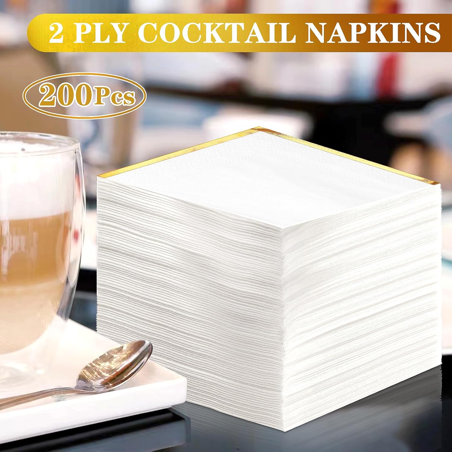Skiennix 200 Pcs Gold Foil Cocktail Napkins - Elegant 2-Ply White Beverage Napkins for Weddings & Events