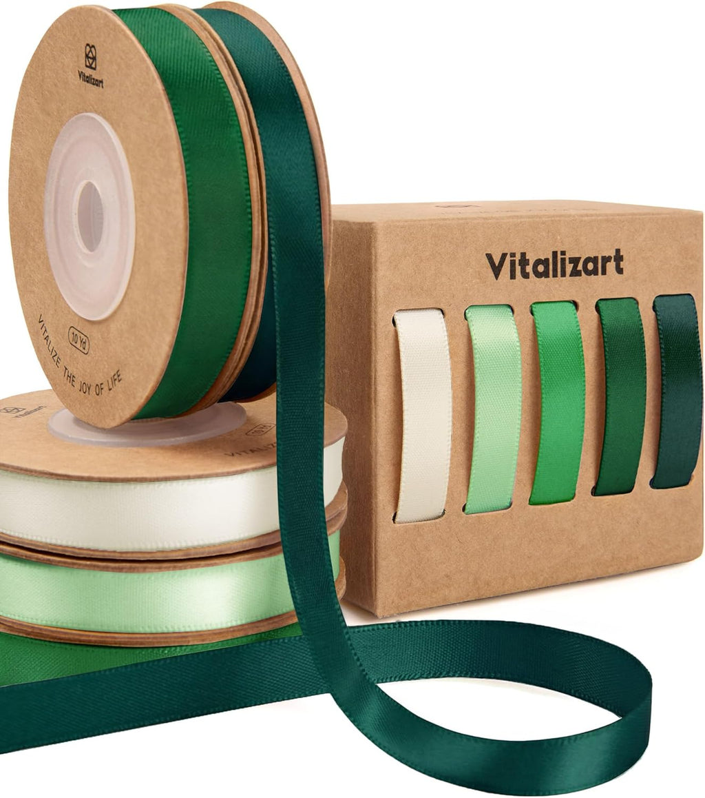 Vitalizart Satin Ribbon - Green & Cream Double-Faced 3/8" x 50 Yd for Gift Wrapping & Crafts
