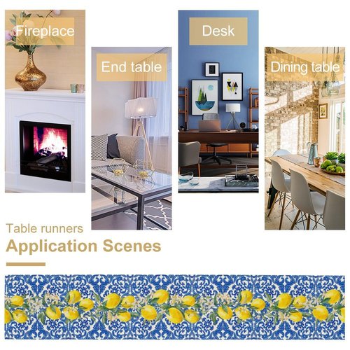 UEQIKI Blue Tiles Lemon Table Runner for Home Party Decorations Seasonal Summer Washable Kitchen Dining Table Decor for Birthday Party Coffee Table Family Dinners Holiday Wedding 13x72 Inch