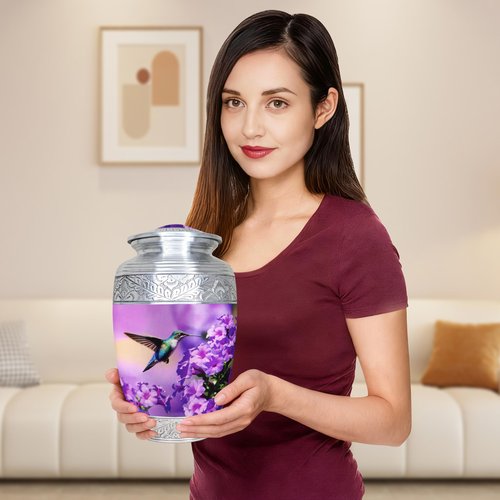 M MEILINXU Urn for Ashes for Women & Man, Cremation Urns for Human Ashes Adult Female & Male, Funeral Decorative, Engraving Urn, Purple Flower and Hummingbird - Large Full Size