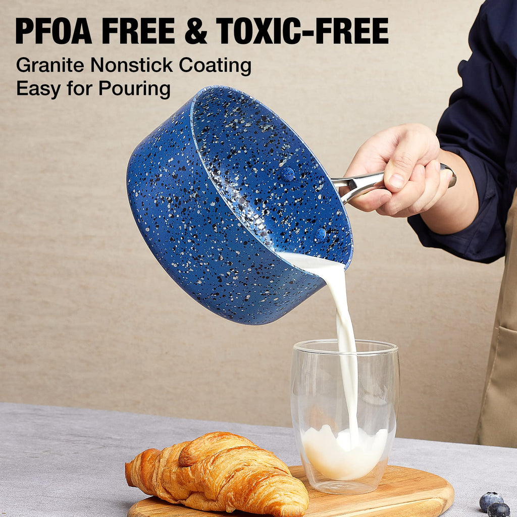 HLAFRG Saucepan Set with Lid, Nonstick 2Qt & 3Qt Pot Set with Lid, Small Pot with Stainless Steel Handle, Natural Granite Nonstick Saucepan Set, Small Sauce Pots, Blue Pot Set - 2Qt & 3Qt