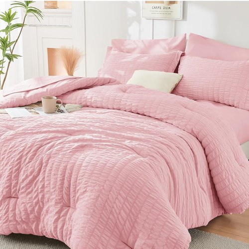HYMOKEGE Pink Queen Comforter Set - 7-Piece All-Season Luxury Bedding Set with Sheets & Pillowcases