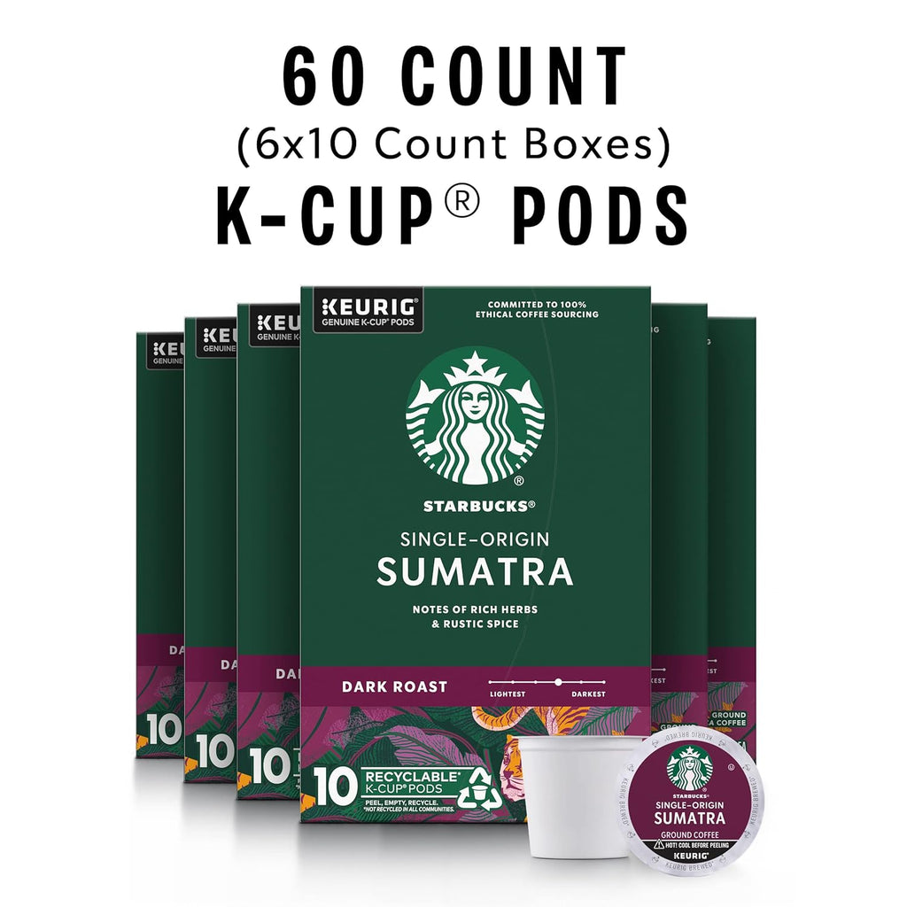 Starbucks K-Cup Coffee Pods - Dark Roast Sumatra Blend for Keurig Brewers | 100% Arabica, 60 Pods Total