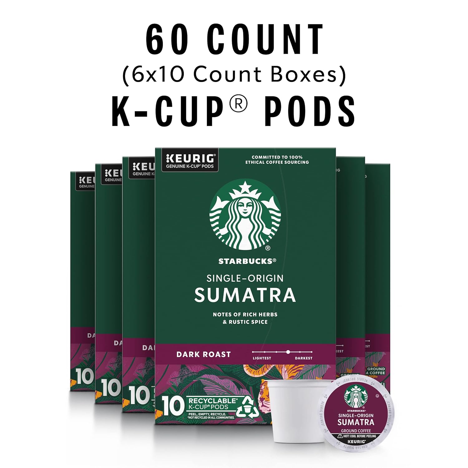 Starbucks K-Cup Coffee Pods - Dark Roast Sumatra Blend for Keurig Brewers | 100% Arabica, 60 Pods Total