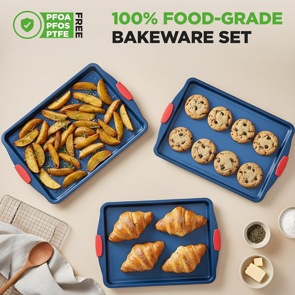 NutriChef Nonstick Baking Pans Set - Durable Carbon Steel Bakeware with Red Silicone Handles | Easy Cleanup (Blue)