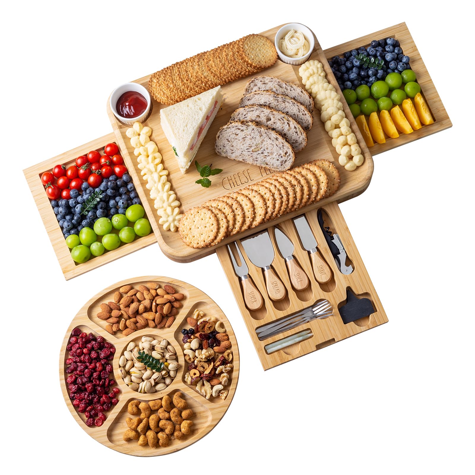 Rae Dunn Large Bamboo Charcuterie Board Set with Serving Forks and Platters