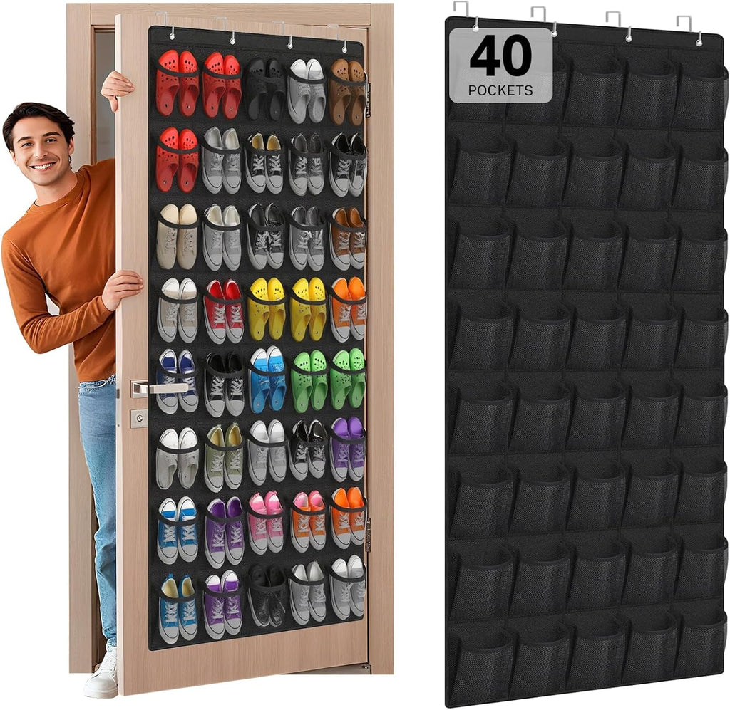 Skiennix Over The Door Shoe Organizer - 40-Pocket Hanging Rack for Closet Storage | Black Mesh Pockets
