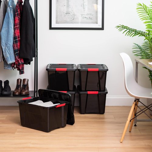 IRIS USA 40 Qt Stackable Plastic Storage Bins - BPA-Free, Durable Organizing Solution, 4 Pack - Black