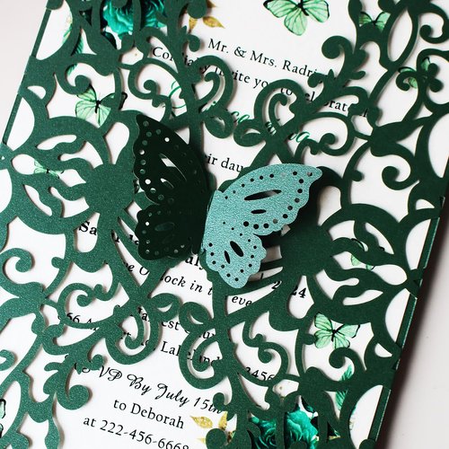 KUCHYNEE 50PCS Emerald Green Laser Cut Quinceanera Invitations kit, 5.1 x7.3 Inch Hollow Floral Butterfly Pocket Invitation for Quincenera Wedding Invite (Blank)