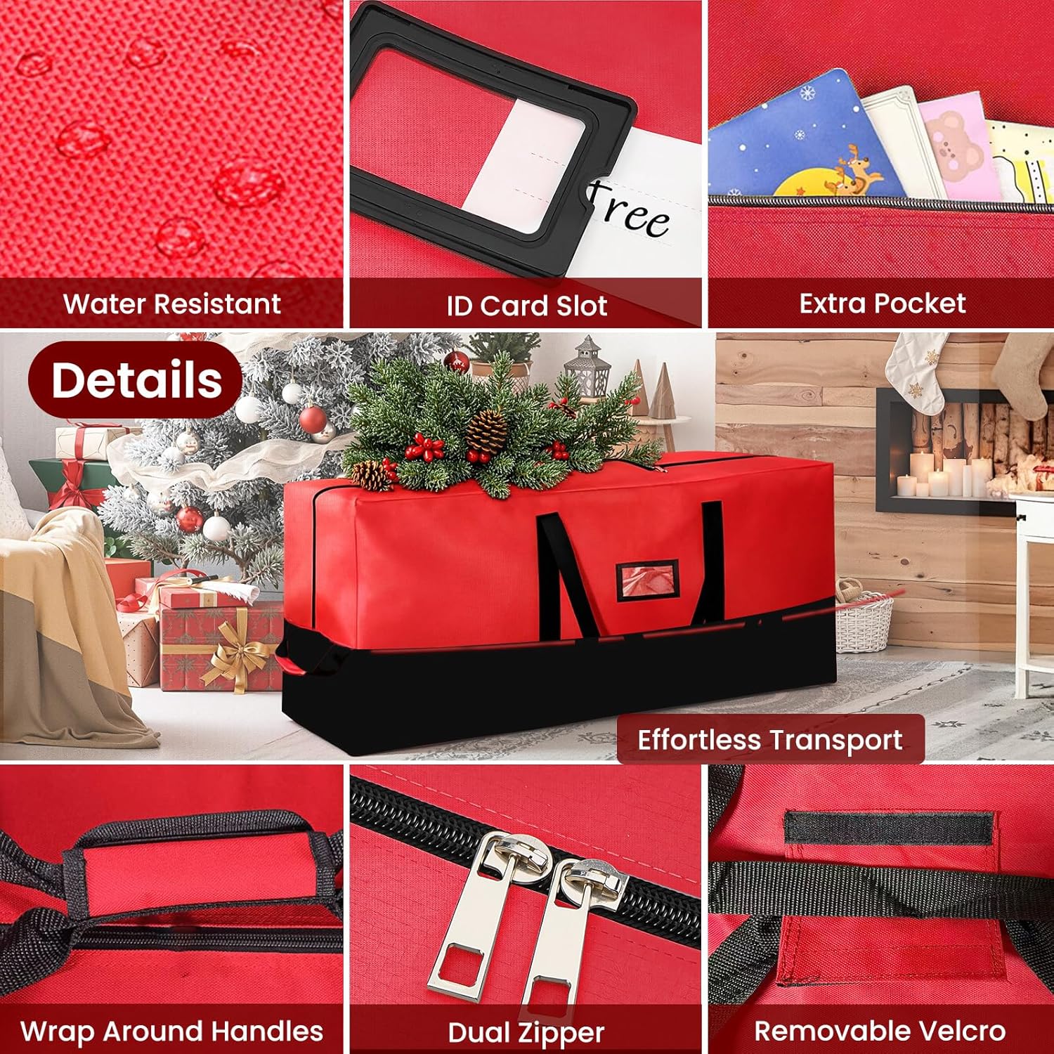 Skiennix Heavy Duty Christmas Tree Storage Bag - Waterproof & Durable for Trees Up to 9ft | Black & Red