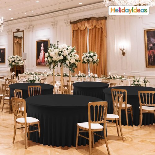 HolidayIdeas Black Spandex 72 in Round Tablecloths, Fitted Stretch Table Skirts for 6ft Round Table, Wrinkle-Free Ruffle Design Tablecloths for Banquets,Trade Shows, Parties, Events, 4 Pack