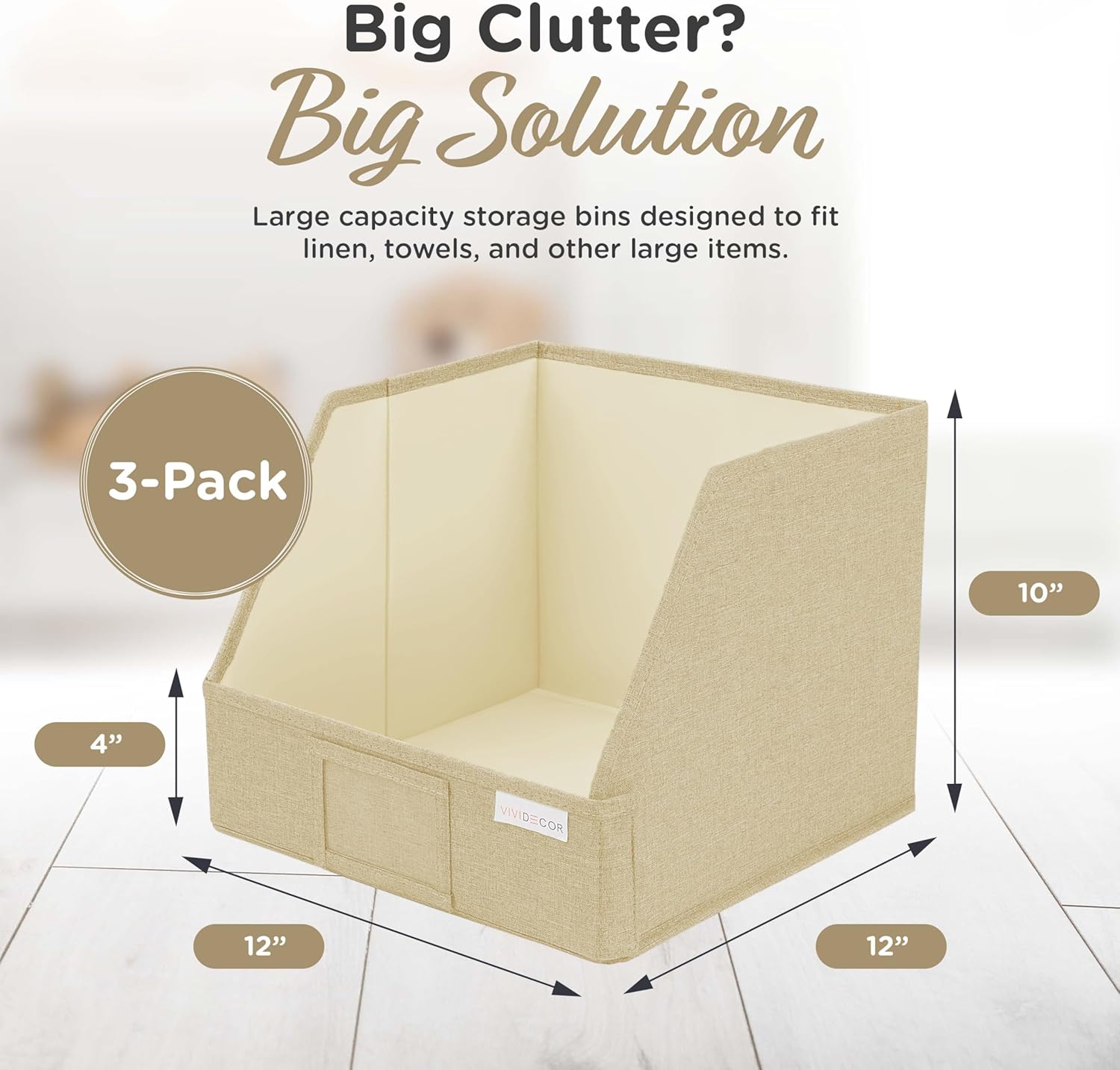 VIVIDECOR Trapezoid Storage Bins - 3-Pack Foldable Fabric Organizers for Closet & Shelf (Beige)
