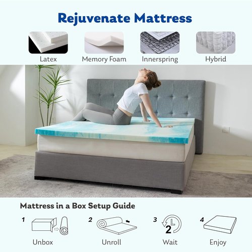MLILY Queen Mattress Topper - 3 Inch Memory Foam with Gel Infusion | Cooling Pad, CertiPUR-US Certified, Blue 60”x80”