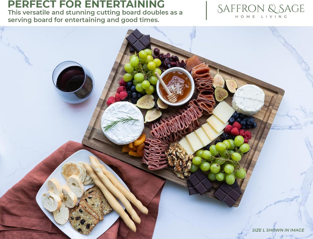 Saffron & Sage Large Wood Cutting Board - Thick Acacia 16 x 12 x 1.5 Inch with Juice Groove & Reversible Design