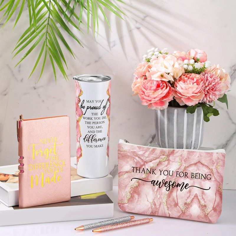 Domensi 6 Pcs Employee Appreciation Gift for Women Teacher Nurse Week Thank You Gift May You Be Proud 20 oz Rustic Marble Sign Tumbler Makeup Bag Journal for Graduation Work Business(Pink)
