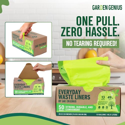 Biodegradable 13-Gallon Kitchen Waste Bags - Strong Heavy-Duty Drawstring Trash Bags | Eco-Friendly 50-Pack