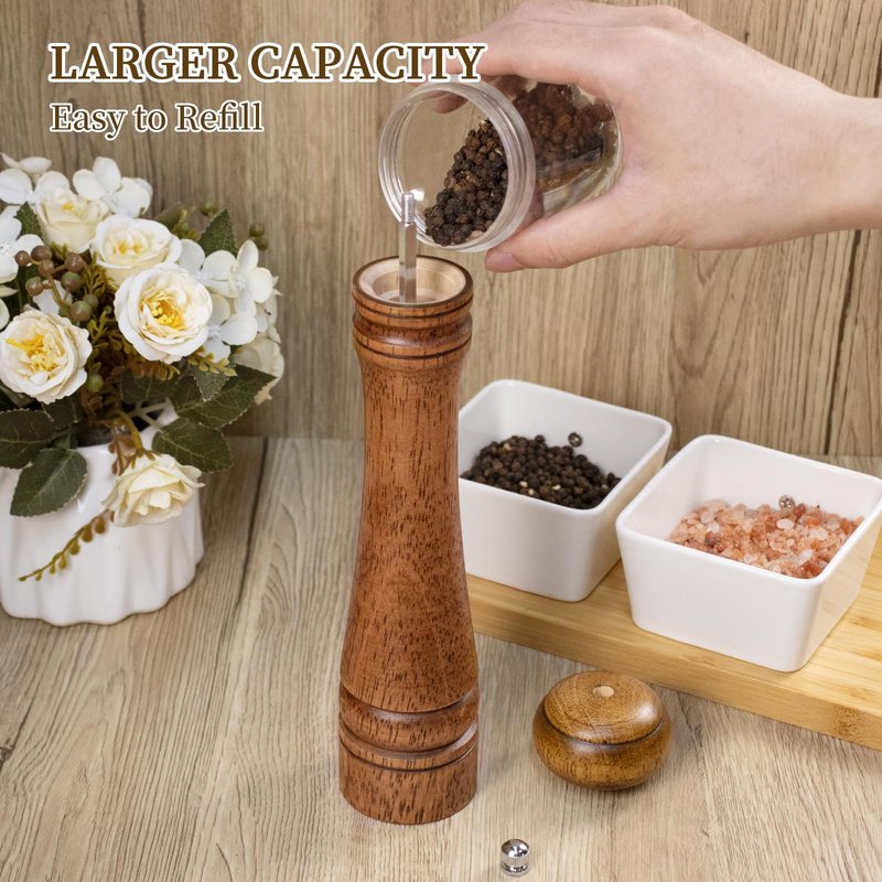 XWXO 1 Pack - 10 Inch tall Wooden Pepper Mill or Salt Mill Elegan Pepper Grinder Wood with a Adjustable Ceramic Rotor and Easily Refillable - Oak Wood Salt Grinder for Your Kitchen